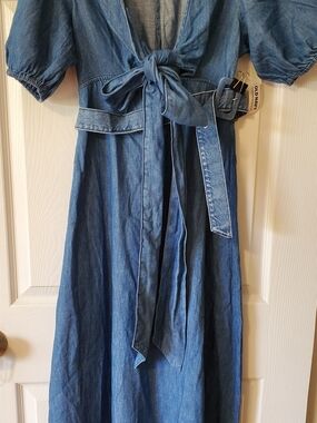 Denim Tie-Front Midi Dress in Medium Blue
